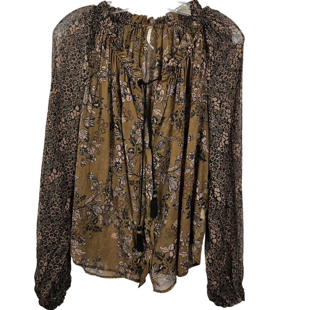 Free People XS Brown Neutral Tone Floral‎ Boho Prairie Cottage Fall Harvest Top